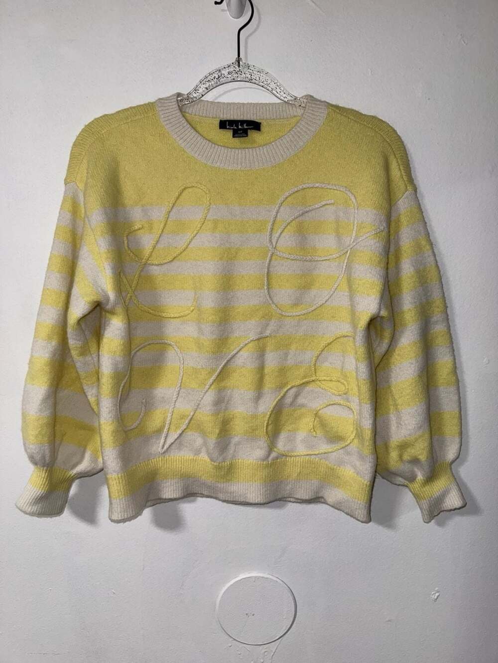 Nicole Miller Yellow and White Striped Crew Neck Long Sleeve Knit Sweater